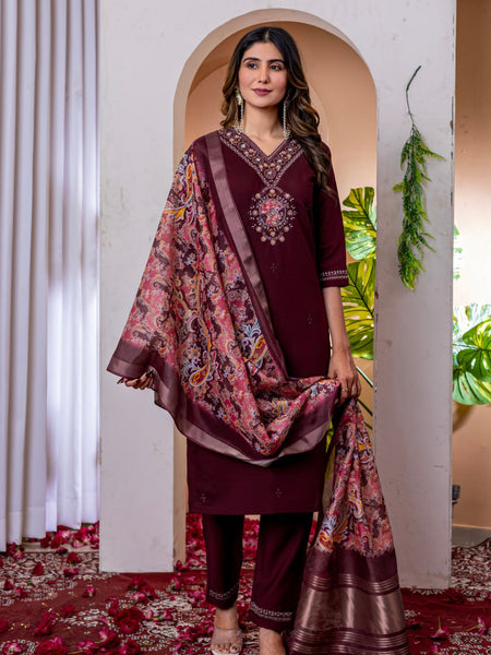 Wine Color Embroidery Thread Work Designer Salwar Suit