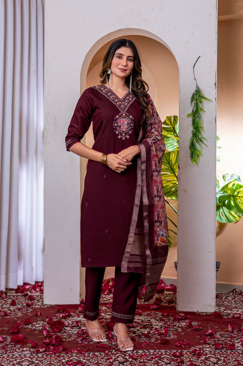 Wine Color Embroidery Thread Work Designer Salwar Suit