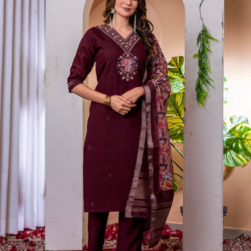 Wine Color Embroidery Thread Work Designer Salwar Suit
