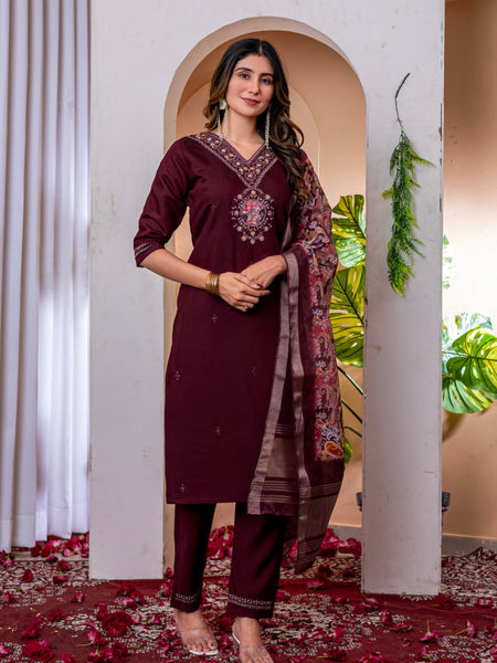 Wine Color Embroidery Thread Work Designer Salwar Suit