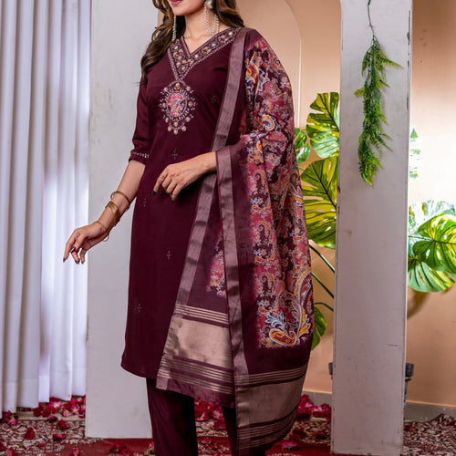 Wine Color Embroidery Thread Work Designer Salwar Suit