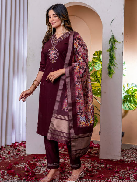 Wine Color Embroidery Thread Work Designer Salwar Suit