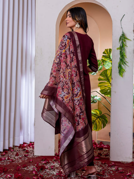 Wine Color Embroidery Thread Work Designer Salwar Suit