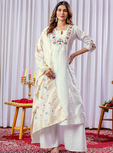 White Color Embroidery Thread Work Designer Palazzo Suit