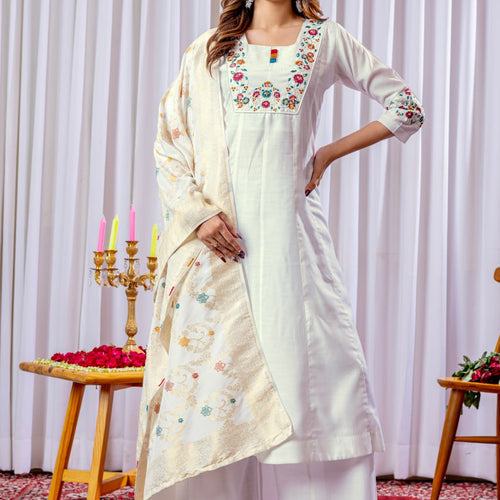 White Color Embroidery Thread Work Designer Palazzo Suit