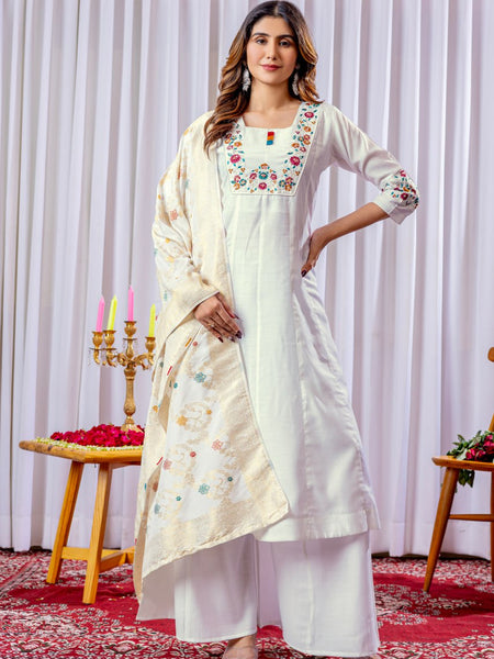 White Color Embroidery Thread Work Designer Palazzo Suit