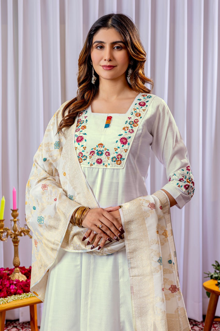White Color Embroidery Thread Work Designer Palazzo Suit