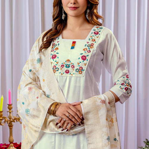 White Color Embroidery Thread Work Designer Palazzo Suit