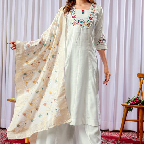 White Color Embroidery Thread Work Designer Palazzo Suit
