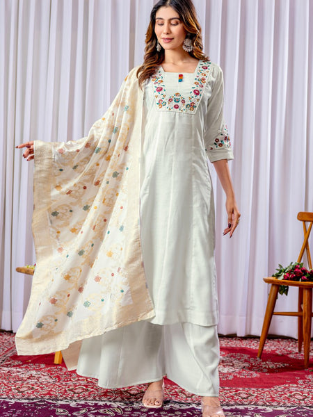 White Color Embroidery Thread Work Designer Palazzo Suit