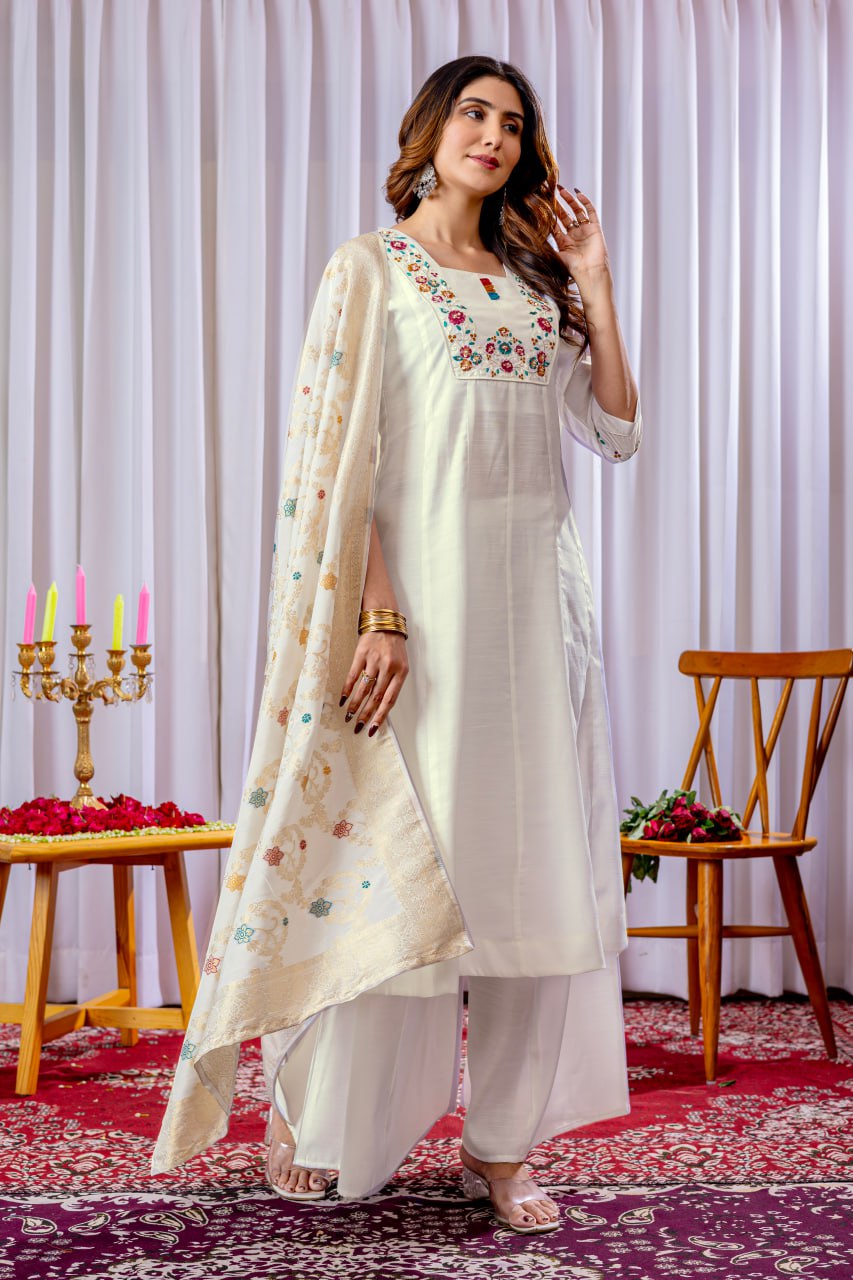 White Color Embroidery Thread Work Designer Palazzo Suit
