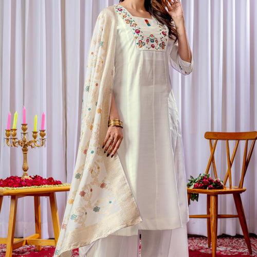 White Color Embroidery Thread Work Designer Palazzo Suit