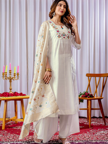 White Color Embroidery Thread Work Designer Palazzo Suit