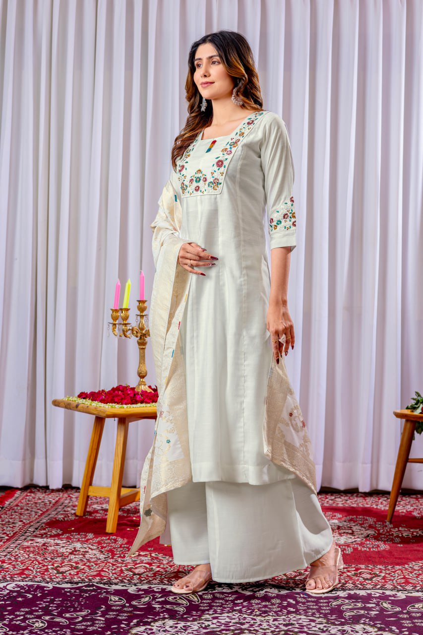 White Color Embroidery Thread Work Designer Palazzo Suit