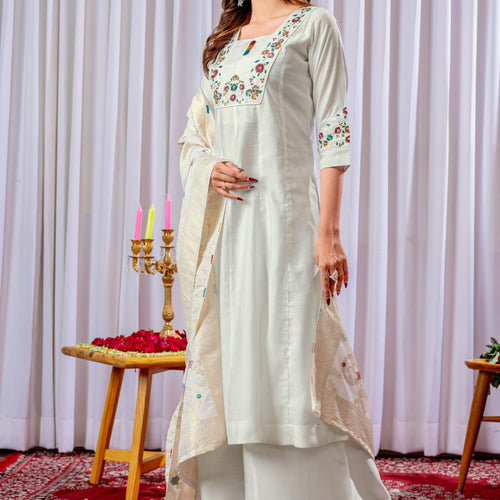 White Color Embroidery Thread Work Designer Palazzo Suit