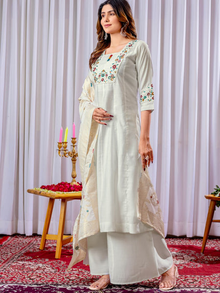 White Color Embroidery Thread Work Designer Palazzo Suit