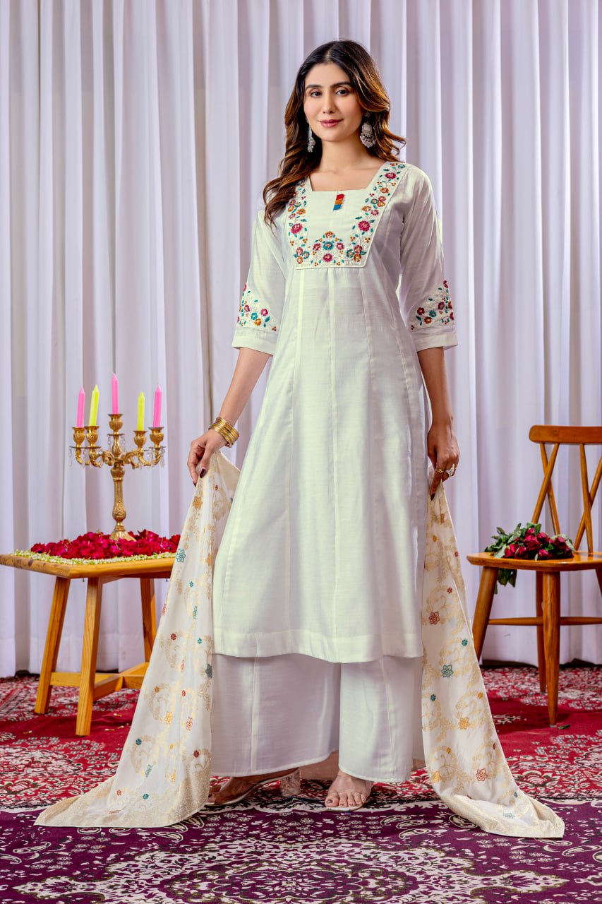White Color Embroidery Thread Work Designer Palazzo Suit