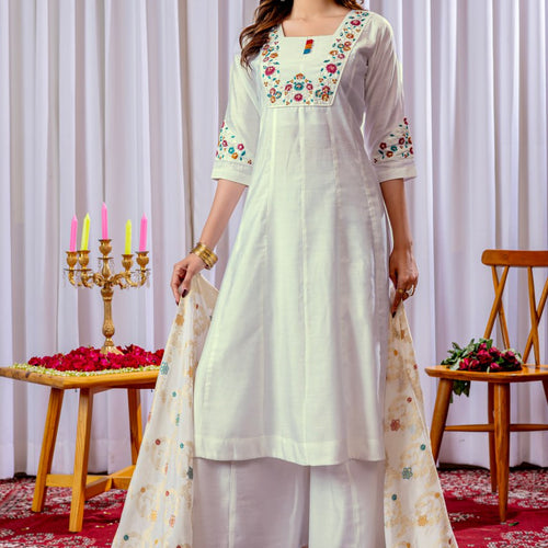 White Color Embroidery Thread Work Designer Palazzo Suit