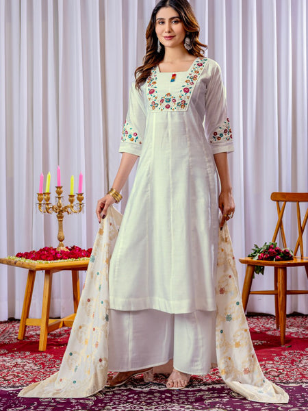White Color Embroidery Thread Work Designer Palazzo Suit