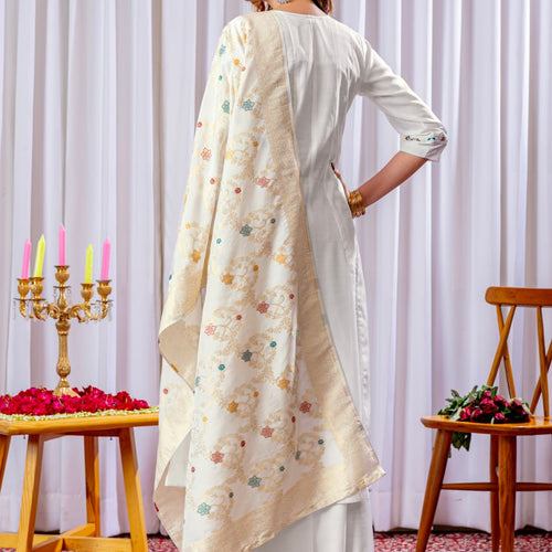 White Color Embroidery Thread Work Designer Palazzo Suit