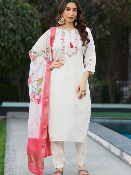 White Color Embroidery Thread Work Designer Salwar Suit