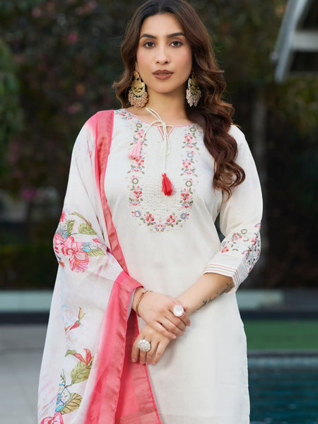 White Color Embroidery Thread Work Designer Salwar Suit