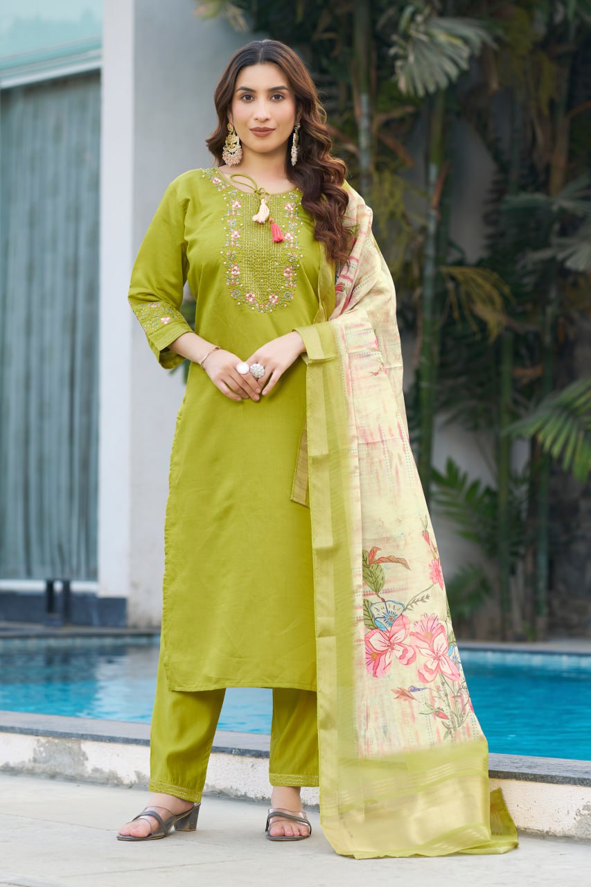 Parrot Green Color Embroidery Thread Work Designer Party Wear Salwar Suit