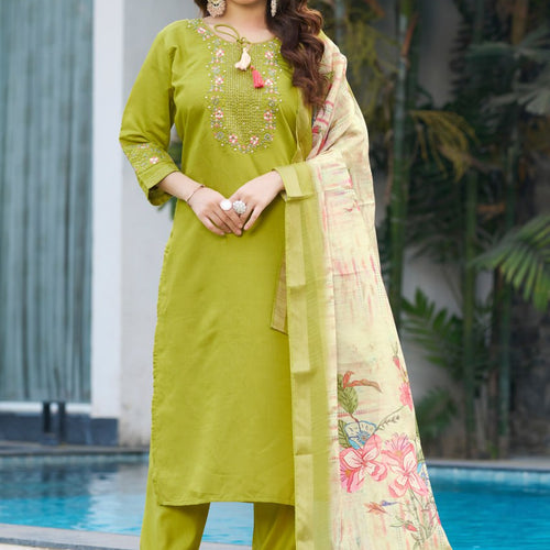 Parrot Green Color Embroidery Thread Work Designer Party Wear Salwar Suit