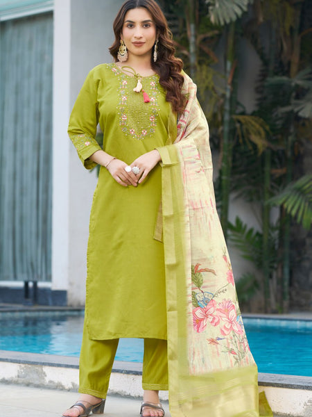 Parrot Green Color Embroidery Thread Work Designer Party Wear Salwar Suit