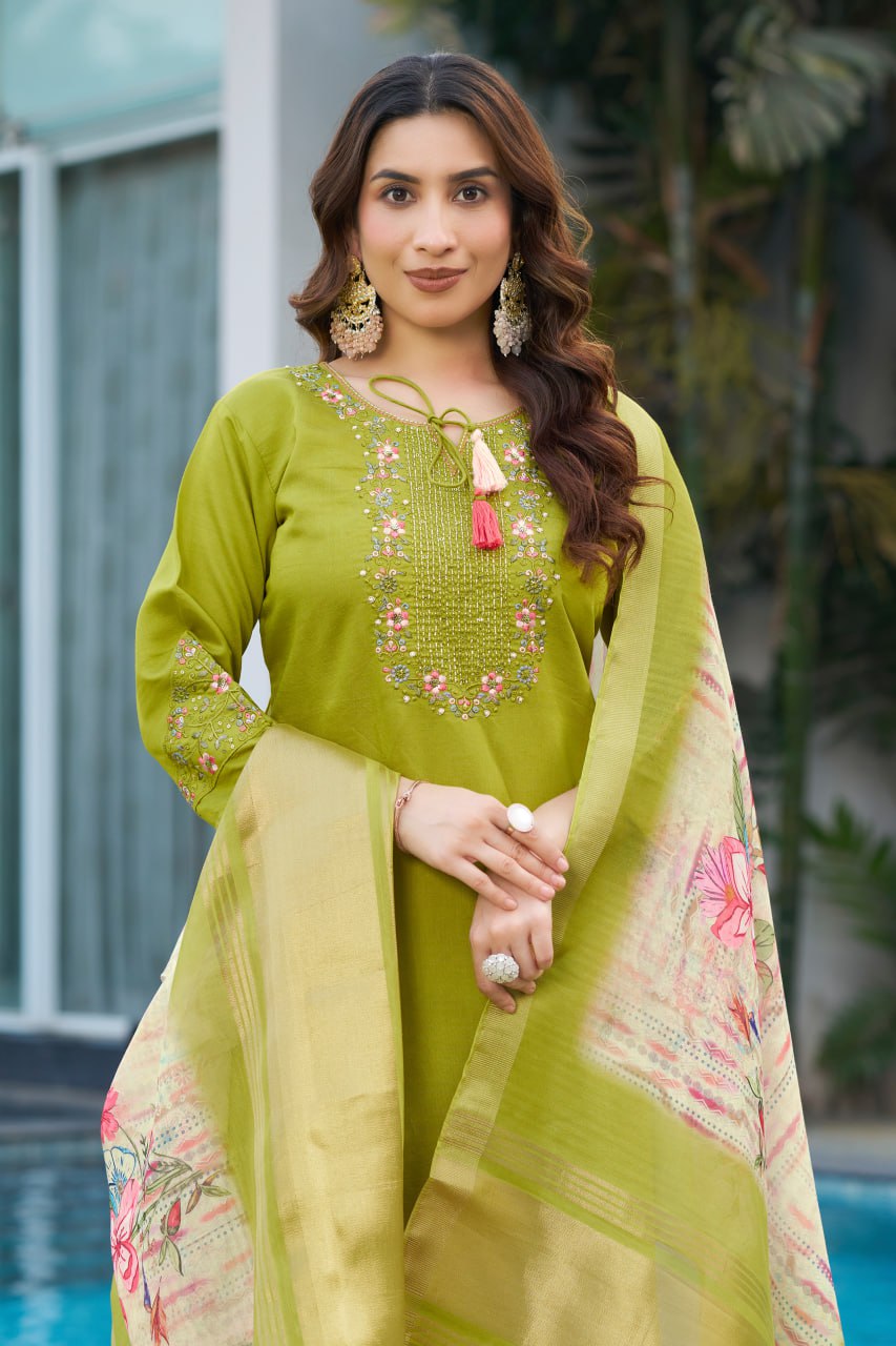 Parrot Green Color Embroidery Thread Work Designer Party Wear Salwar Suit