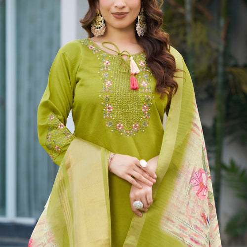 Parrot Green Color Embroidery Thread Work Designer Party Wear Salwar Suit