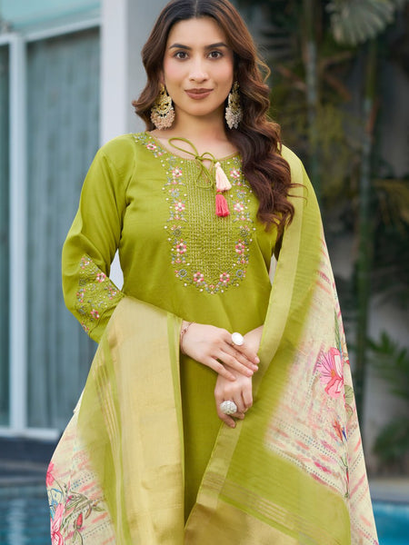 Parrot Green Color Embroidery Thread Work Designer Party Wear Salwar Suit