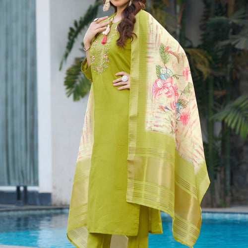 Parrot Green Color Embroidery Thread Work Designer Party Wear Salwar Suit