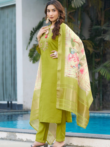 Parrot Green Color Embroidery Thread Work Designer Party Wear Salwar Suit