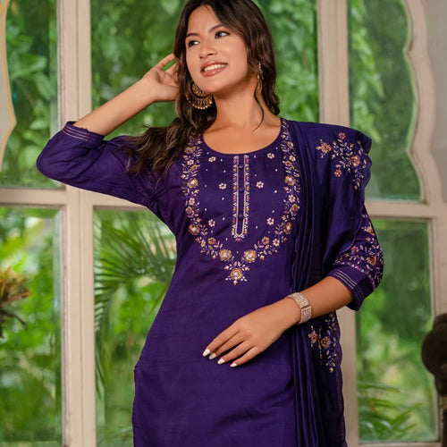 Purple Color Embroidery Thread Work Designer Party Wear Salwar Suit