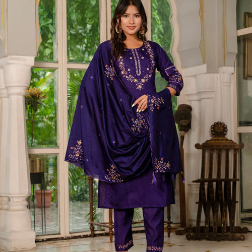 Purple Color Embroidery Thread Work Designer Party Wear Salwar Suit