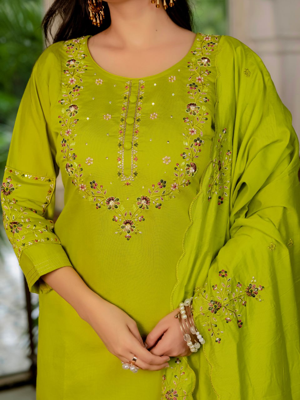 Parrot Green Embroidery Thread Work Designer Party Wear Salwar Suit