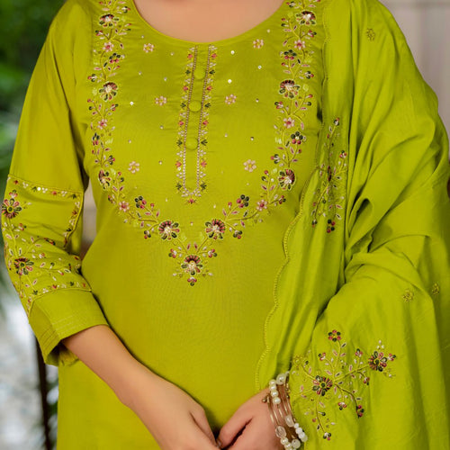 Parrot Green Embroidery Thread Work Designer Party Wear Salwar Suit