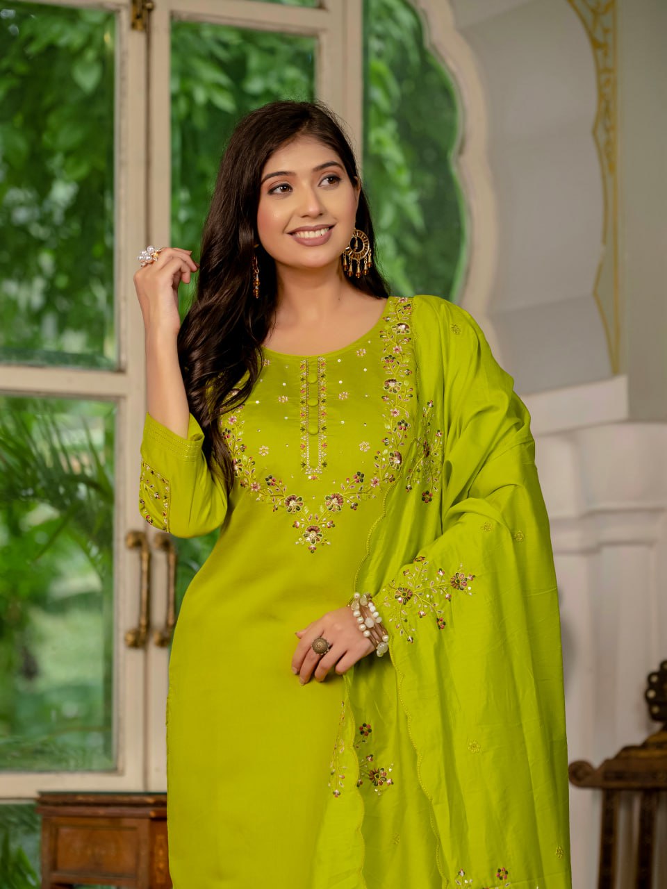 Parrot Green Embroidery Thread Work Designer Party Wear Salwar Suit