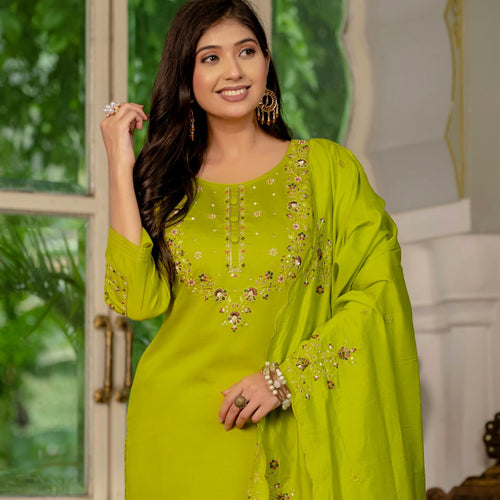 Parrot Green Embroidery Thread Work Designer Party Wear Salwar Suit