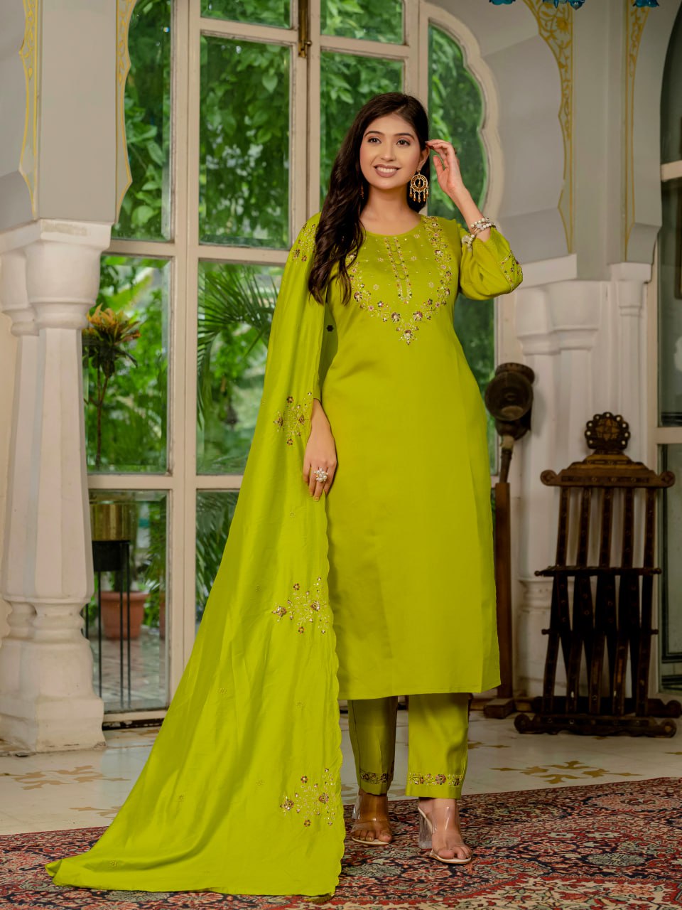 Parrot Green Embroidery Thread Work Designer Party Wear Salwar Suit