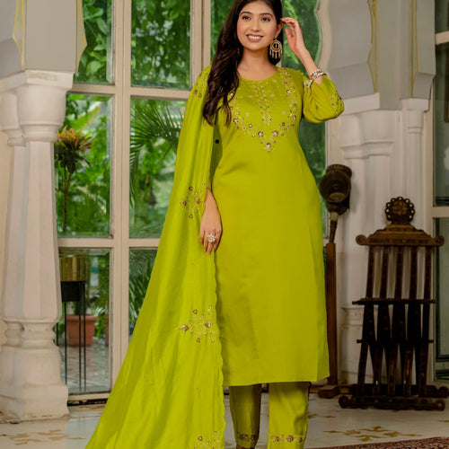 Parrot Green Embroidery Thread Work Designer Party Wear Salwar Suit