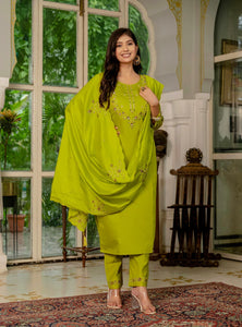 Parrot Green Embroidery Thread Work Designer Party Wear Salwar Suit