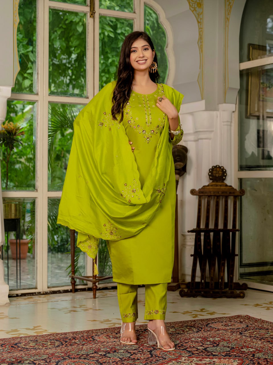 Parrot Green Embroidery Thread Work Designer Party Wear Salwar Suit