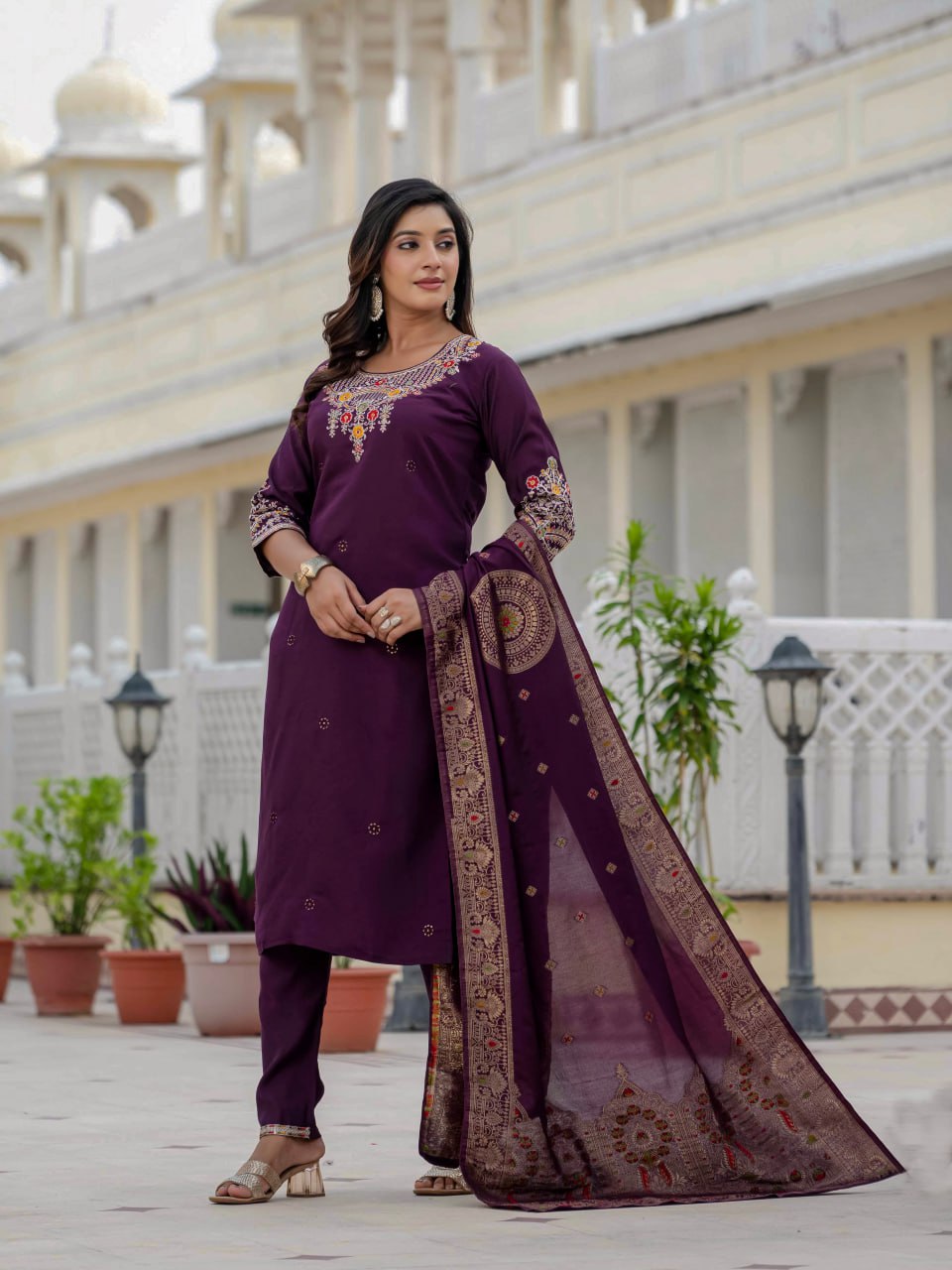 Wine Color Coding Embroidery Work Designer Party Wear Salwar Suit