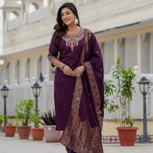 Wine Color Coding Embroidery Work Designer Party Wear Salwar Suit