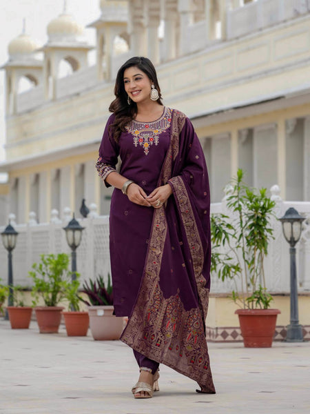 Wine Color Coding Embroidery Work Designer Party Wear Salwar Suit