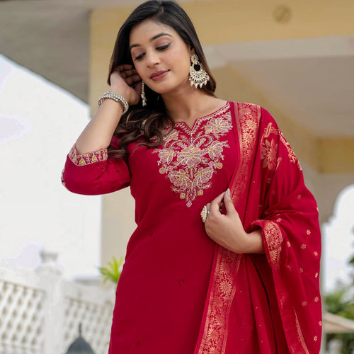 Red Color Coding Embroidery Work Designer Party Wear Salwar Suit