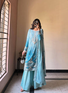 Blue Color Sequence Embroidery Work Designer Party Wear Palazzo Suit