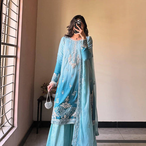 Blue Color Sequence Embroidery Work Designer Party Wear Palazzo Suit